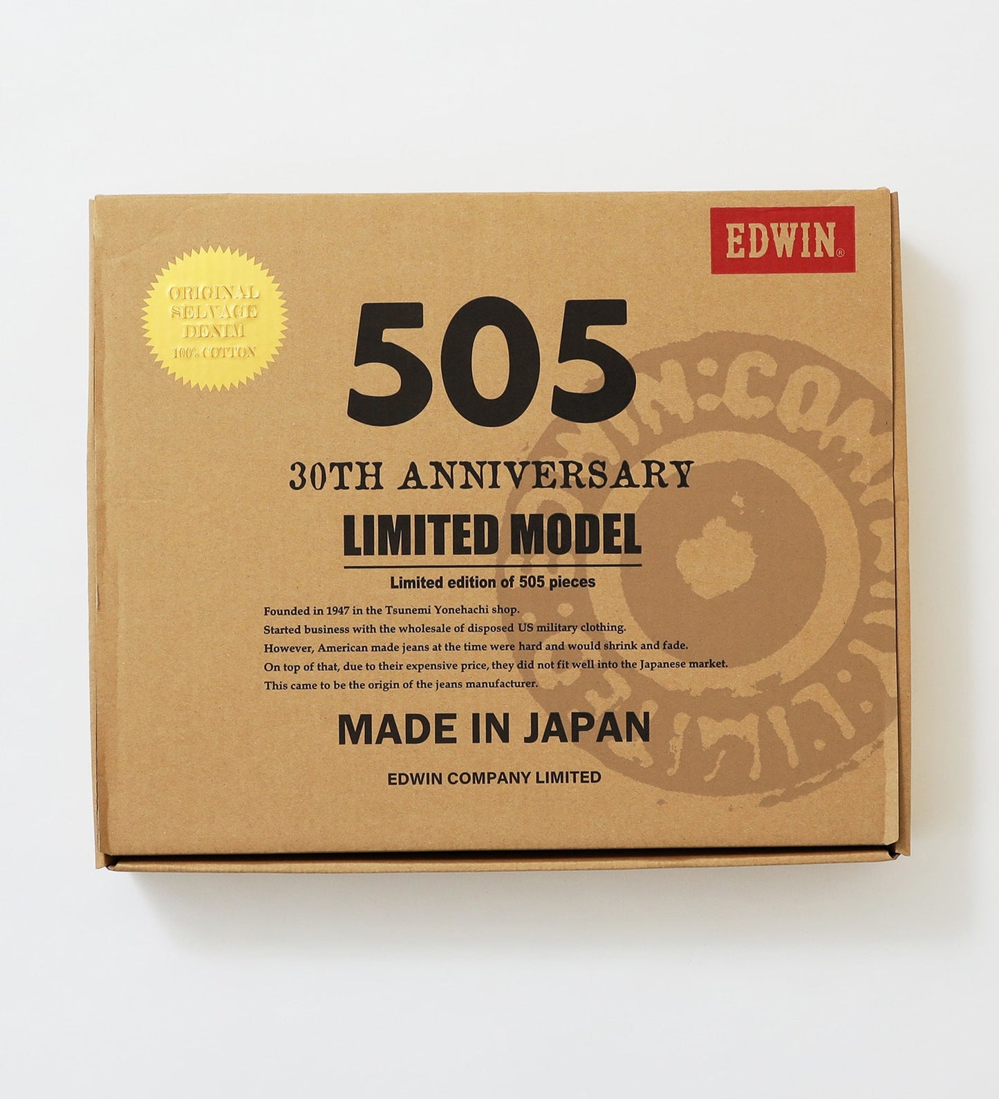 Edwin 505 Vintage Denim 30周年記念限定版 (未洗水)